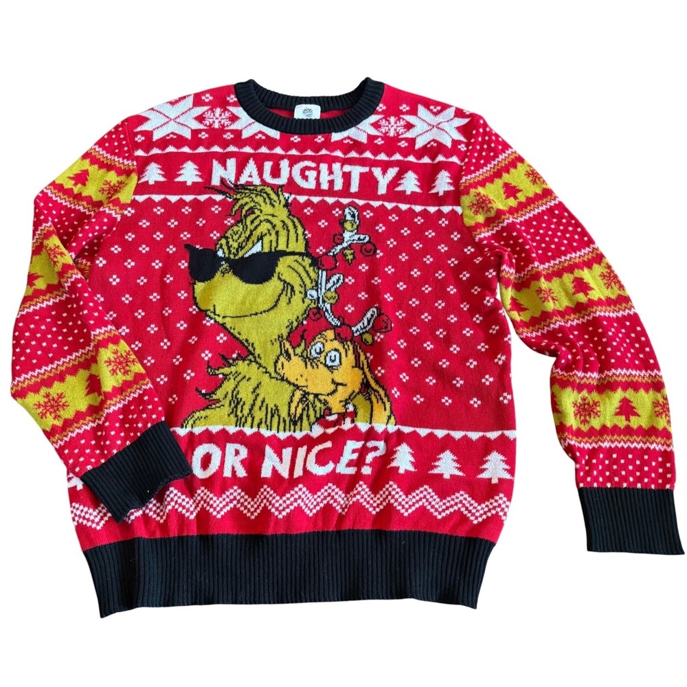 Dr. Seuss Grinch Ugly Christmas Sweater Men 2XL Red Holiday Party